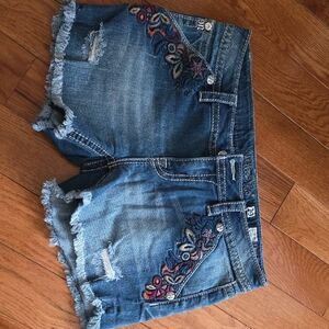 Miss Me Blue Jean Shorts with Colorful Embroidery